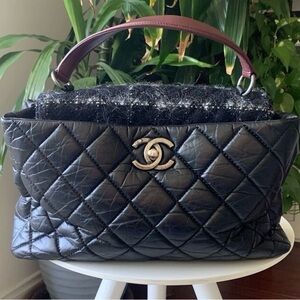 Chanel Portobello Black/Tweed Quilted Bag with Burgundy Handle